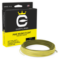 Cortland Pike/Musky Float Fly Line in olive and yellow colors coiled next to its black and yellow packaging box with logo, designed for fishing tackle use.