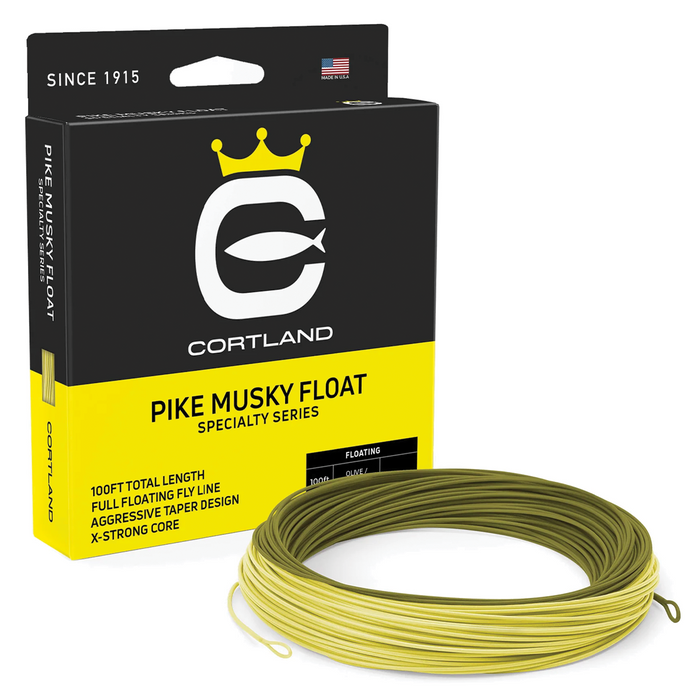 Cortland Pike/Musky Float Fly Line in olive and yellow colors coiled next to its black and yellow packaging box with logo, designed for fishing tackle use.