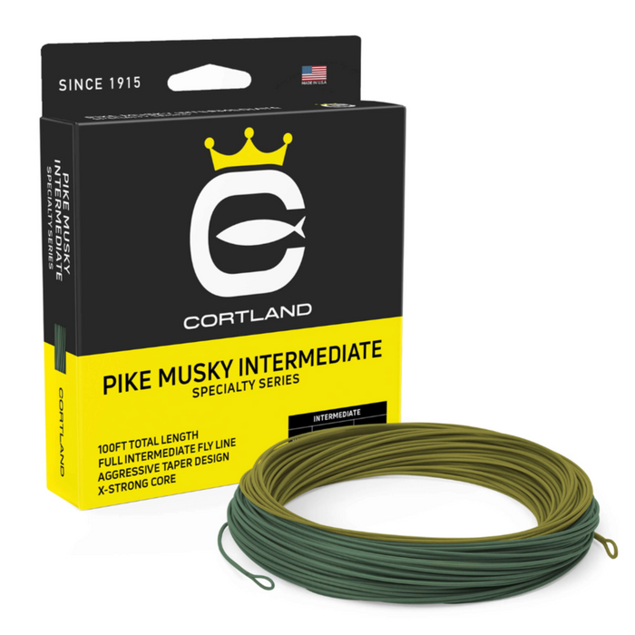 Cortland Pike/Musky Intermediate Fly Line package with branded black and yellow box showing product details beside coiled green and olive fly fishing line designed for fishing tackle enthusiasts.