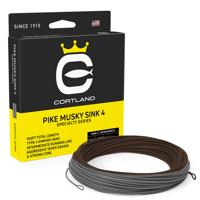 Package of Cortland Pike/Musky Sink 4 Fly Line showing black and yellow box with branding and a coiled dual-color fly line in gray and brown for fishing rods and tackle.