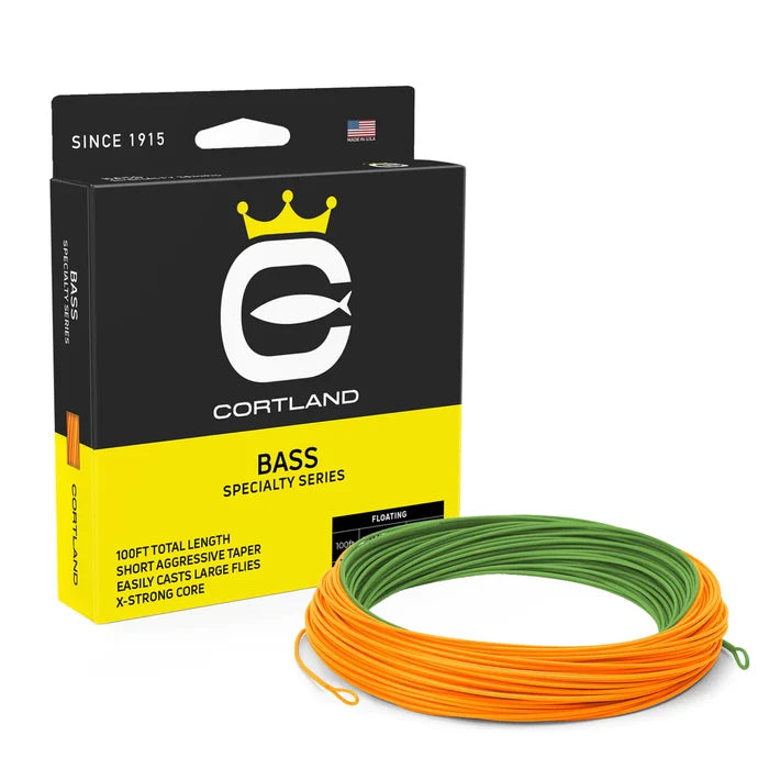 Cortland Specialty Series Bass Fly Line in bright orange and green, displayed coiled beside its black and yellow retail box, highlighting features for fishing tackle use.