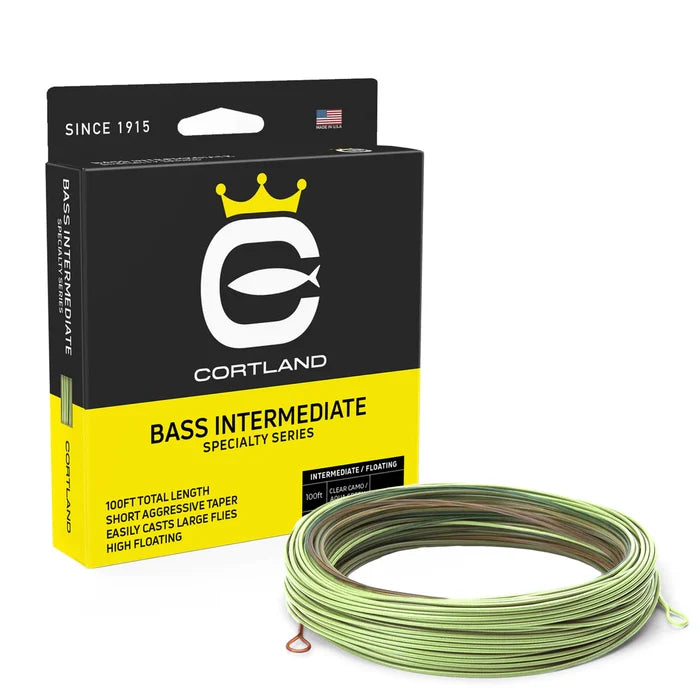 Cortland Specialty Series Bass Intermediate Fly LIne displayed next to a black and yellow box, showing light green fly fishing line designed for intermediate floating casts.