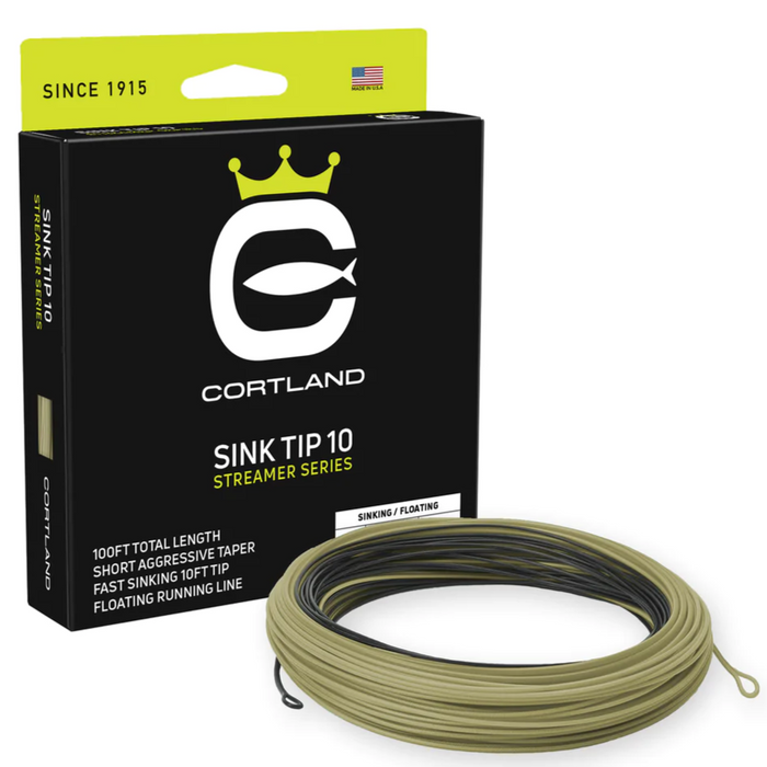 Cortland Streamer Sink Tip 10 Fly Line in olive green, coiled with black and gray sections, shown next to black and green packaging labeled Sink Tip 10 Streamer Series for fishing tackle.