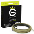Cortland Streamer Sink Tip 10 Fly Line in olive green, coiled with black and gray sections, shown next to black and green packaging labeled Sink Tip 10 Streamer Series for fishing tackle.