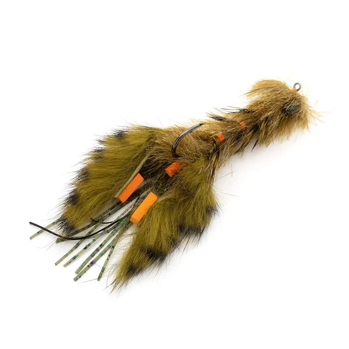 Close-up of a Craw Changer fishing lure featuring olive and orange fur with rubber appendages, designed for musky fishing and detailed for realistic water movement.