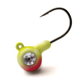 Close-up of a Crystaleyes Live Bait Jigs fishing lure with a sharp metal hook, featuring a yellow and red painted jig head with a reflective, gem-like eye detail.