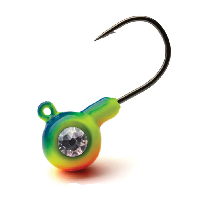 Close-up of a brightly colored fishing jig head with a sparkling gem-like eye, featuring a sharp curved hook, designed as a Crystaleyes Live Bait Jigs fishing lure for freshwater fishing tackle.