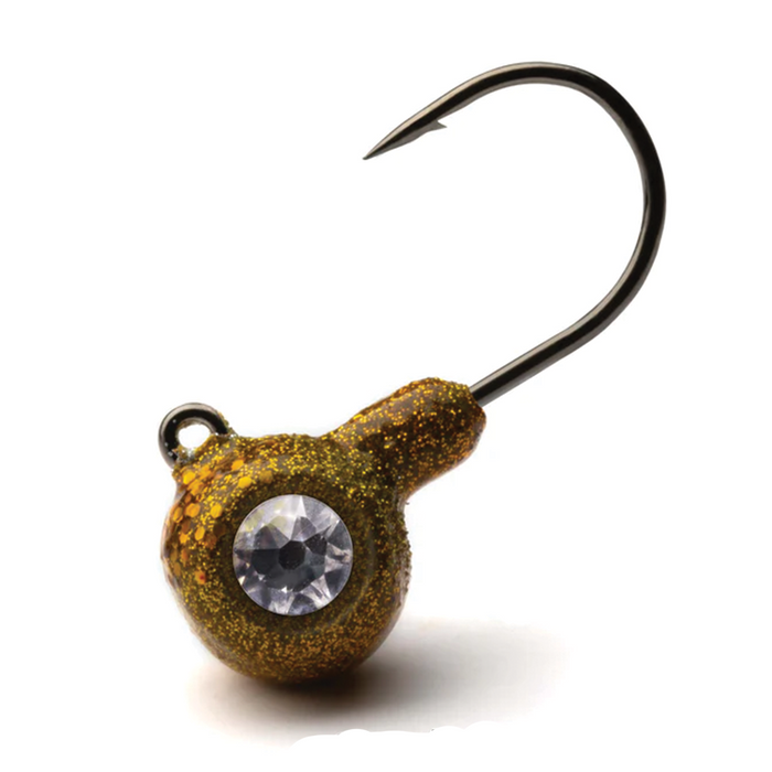 Crystaleyes Live Bait Jigs featuring a shiny gold glittered head with a realistic eye detail and a sharp black fishing hook designed for effective fishing tackle use.