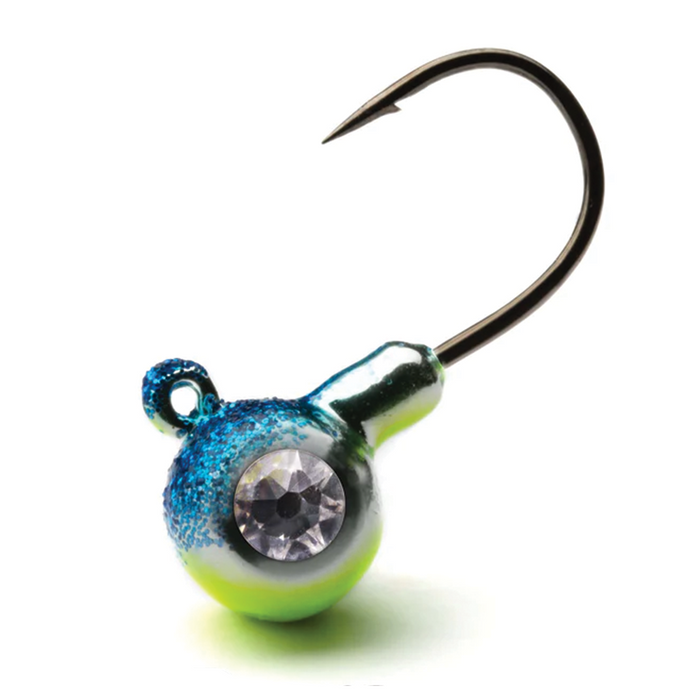 Close-up of a single Crystaleyes Live Bait Jigs fishing lure featuring a metallic blue and silver jig head with a large reflective eye and a sharp curved hook.