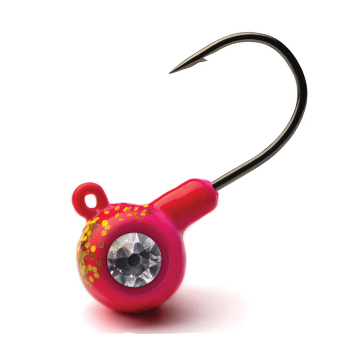 Crystaleyes Live Bait Jigs fishing lure featuring a red head with yellow speckles, a realistic gem-like eye, and a sharp curved hook designed for effective fishing tackle use.