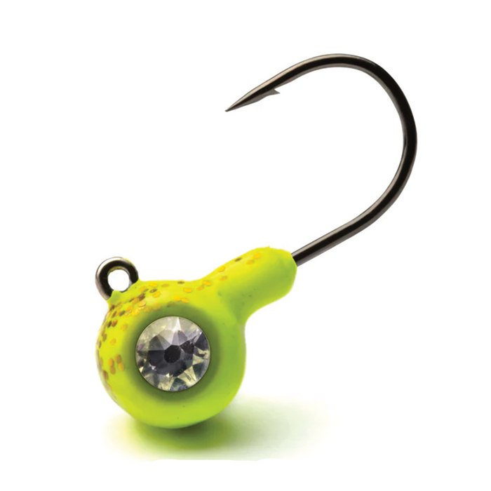Crystaleyes Live Bait Jigs featuring a bright chartreuse head with a reflective gem, sharp curved hook, designed for effective fishing tackle use.