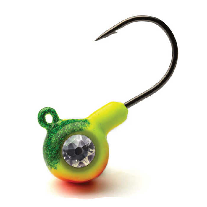 Crystaleyes Live Bait Jigs featuring a single sharp fishing hook attached to a brightly colored yellow and green jig head with a reflective gem detail, designed for fishing tackle use.