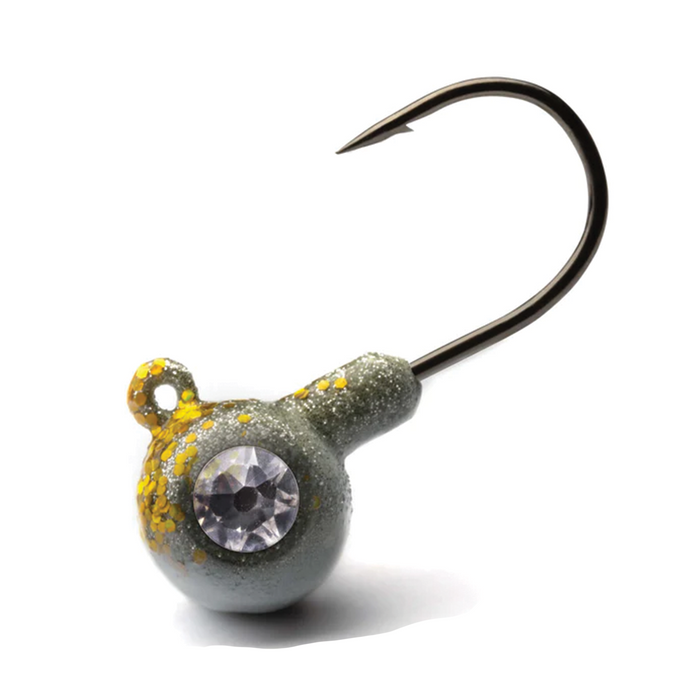 Crystaleyes Live Bait Jigs fishing lure featuring a round metallic head with sparking silver and gold flecks, a clear gem-like eye, and a sharp curved fishing hook.