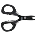 Cuda 5.5" Titanium Bonded Large Braid Shears - Mark Zona Series featuring black titanium-coated blades, ergonomic textured black handles, and a serrated cutting edge for fishing tackle use.