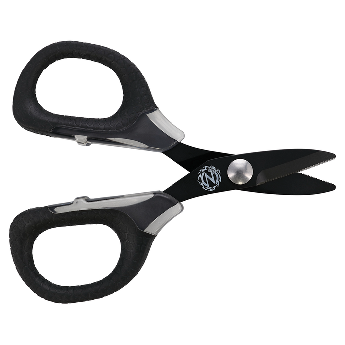 Cuda 5.5" Titanium Bonded Large Braid Shears - Mark Zona Series featuring black titanium-coated blades, ergonomic textured black handles, and a serrated cutting edge for fishing tackle use.