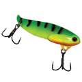 Custom Jigs & Spins B3 Blade Bait in green and yellow gradient with black stripes, featuring two sharp treble hooks for effective fishing lure action.