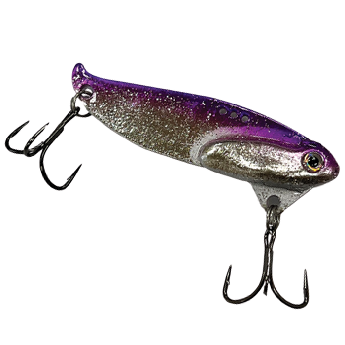 Custom Jigs & Spins B3 Blade Bait fishing lure in purple and silver with reflective finish, featuring two sharp treble hooks for effective fishing tackle use.