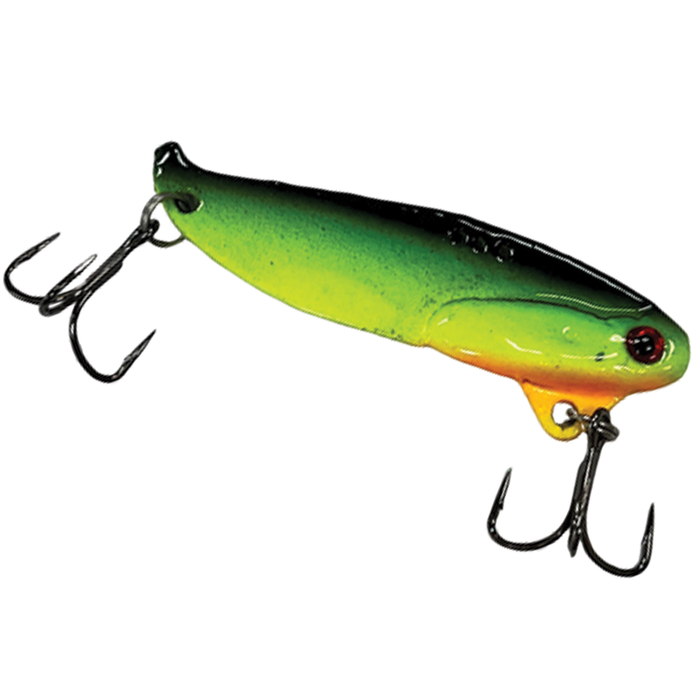 Custom Jigs & Spins B3 Blade Bait with a green and yellow body, detailed eye, and two sharp treble hooks designed for effective fishing lure performance.