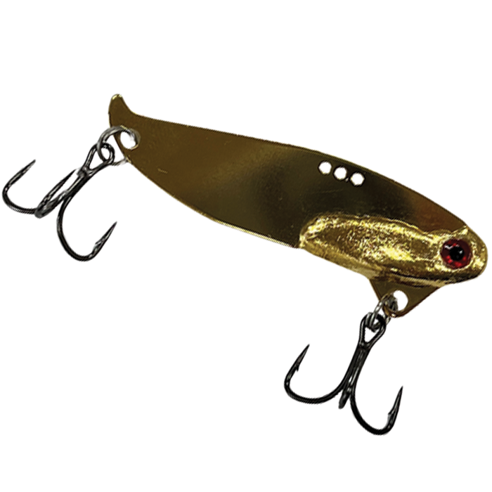 Custom Jigs & Spins B3 Blade Bait, a gold-colored fishing lure with two treble hooks and a red eye detail, designed for effective fishing tackle use.