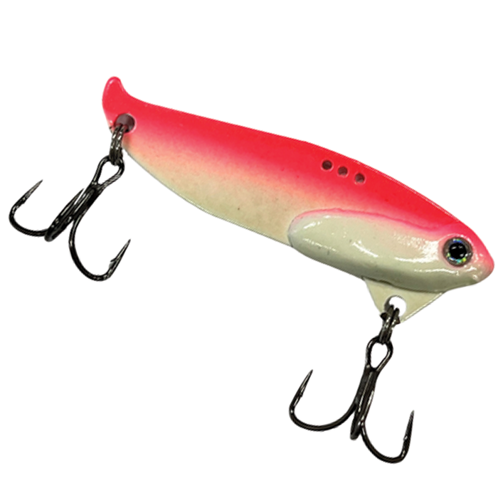 Custom Jigs & Spins B3 Blade Bait fishing lure with a red and white gradient body, lifelike eye detail, and two treble hooks for effective fishing tackle use.