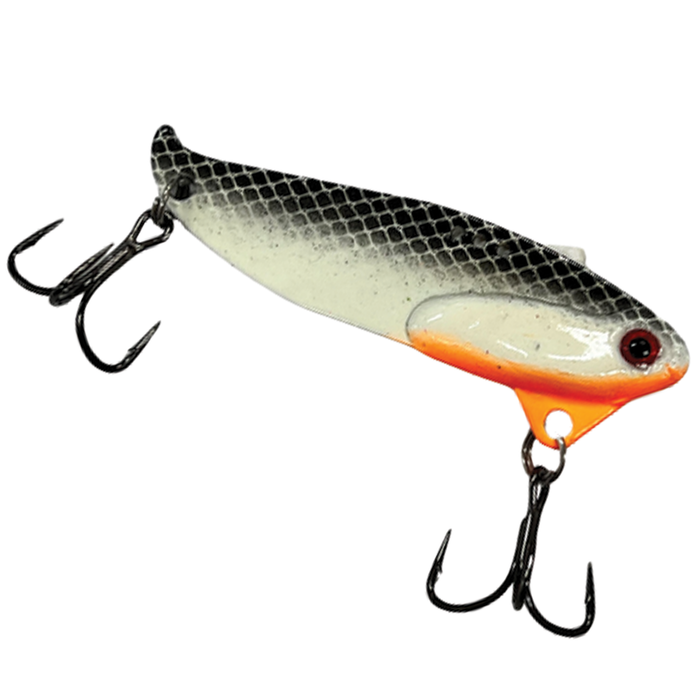 Custom Jigs & Spins B3 Blade Bait featuring a fish-shaped design with a silver and black scaled pattern, orange accents near the head, and two sharp treble hooks for fishing tackle.