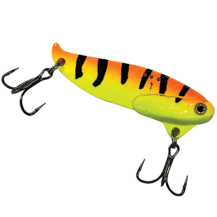 Custom Jigs & Spins B3 Blade Bait fishing lure with bright yellow and orange body, black tiger stripe pattern, and two sharp treble hooks for effective fishing tackle.