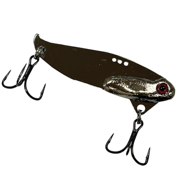 Custom Jigs & Spins B3 Blade Bait fishing lure with dark body, shiny metallic head, red eye detail, and two treble hooks for effective fishing tackle use.