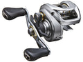 Fishing reel with metallic finish and black handles on a white background
