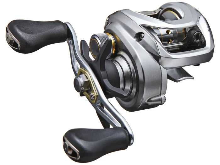 Fishing reel with metallic finish and black handles on a white background