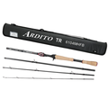 Daiwa Ardito Travel Rod - Casting shown disassembled into four sections with black and red detailing, cork handle, and a protective carrying case for easy transport.