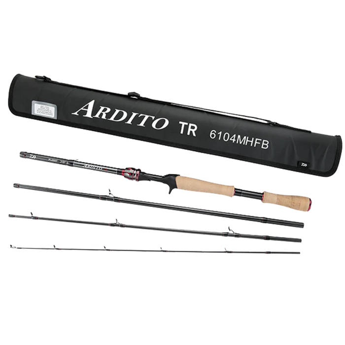 Daiwa Ardito Travel Rod - Casting shown disassembled into four sections with black and red detailing, cork handle, and a protective carrying case for easy transport.
