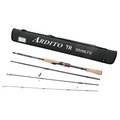 Daiwa Ardito Travel Rod - Spinning shown disassembled into three sections with cork handles, alongside a black carrying case labeled Ardito TR 684MLFS.