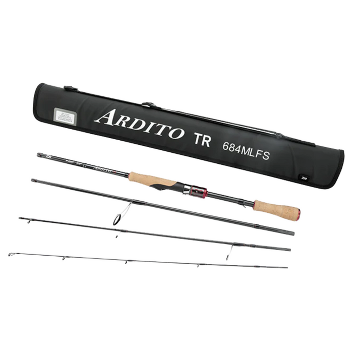Daiwa Ardito Travel Rod - Spinning shown disassembled into three sections with cork handles, alongside a black carrying case labeled Ardito TR 684MLFS.