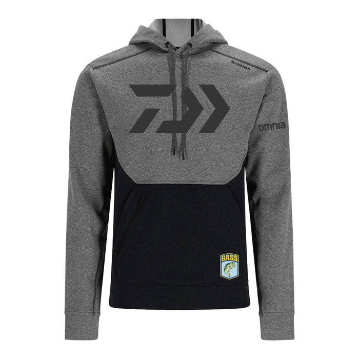 Daiwa B.A.S.S. Limited Omnia Fishing CX Hoody by Simms in gray and black with a front kangaroo pocket, adjustable hood with drawstrings, and branded logos for fishing enthusiasts.