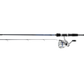 Daiwa D-Shock Spinning Combo featuring a lightweight spinning reel with silver finish and ergonomic handle, paired with a blue and black fishing rod designed for smooth casting and durability.