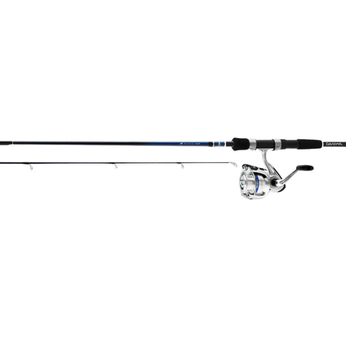 Daiwa D-Shock Spinning Combo featuring a lightweight spinning reel with silver finish and ergonomic handle, paired with a blue and black fishing rod designed for smooth casting and durability.