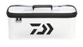 Daiwa D-Vec Multi Case is a white rectangular fishing tackle storage bag with a clear top, black zipper, and carrying handle, designed for organizing fishing gear.
