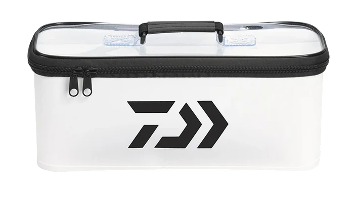 Daiwa D-Vec Multi Case is a white rectangular fishing tackle storage bag with a clear top, black zipper, and carrying handle, designed for organizing fishing gear.