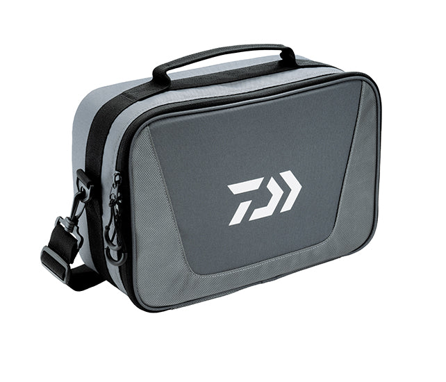 Daiwa D-Vec Reel Bag in gray and black with a durable fabric exterior, carrying handle, adjustable shoulder strap, and zippered compartments for organized fishing tackle storage.