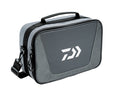 Daiwa D-Vec Reel Bag in gray and black with a durable fabric exterior, carrying handle, adjustable shoulder strap, and zippered compartments for organized fishing tackle storage.