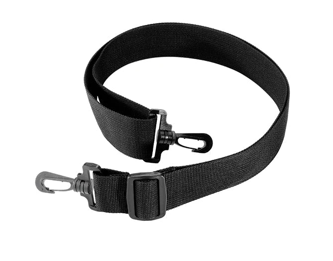 Black adjustable strap with plastic clips at both ends designed for secure attachment and carrying, part of the Daiwa D-Vec Reel Bag fishing tackle accessory.