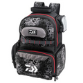Daiwa D-Vec Tactical Backpack featuring multiple zippered compartments with black and gray camouflage pattern, red accents, padded shoulder straps, and storage designed for fishing tackle organization.