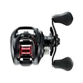 Black and red Daiwa Fuego CT Casting Reel with ergonomic dual handles, designed for smooth performance and precision in fishing tackle.