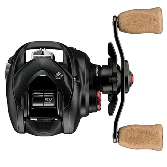 Daiwa Kage SV TW 150 baitcasting reel featuring a sleek black design, ergonomic cork handles, and advanced SV Concept technology for smooth fishing reel performance.
