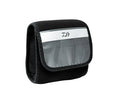 Daiwa Neo Reel Cover in black with a clear front panel and protective padded sides designed to safeguard fishing reels during transport and storage.