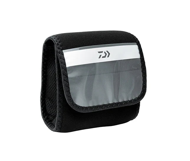 Daiwa Neo Reel Cover in black with a clear front panel and protective padded sides designed to safeguard fishing reels during transport and storage.