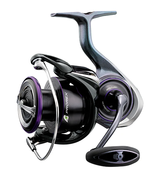Daiwa Prorex MQ LT spinning reel in black and dark purple, designed for smooth performance in fishing tackle with a sleek ergonomic handle and durable construction.