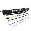 Daiwa Saltiga In Shore Travel Rod - Spinning shown disassembled into four sections with a cork handle and black guides, accompanied by a black protective carrying case labeled Saltiga for fishing tackle storage and transport.