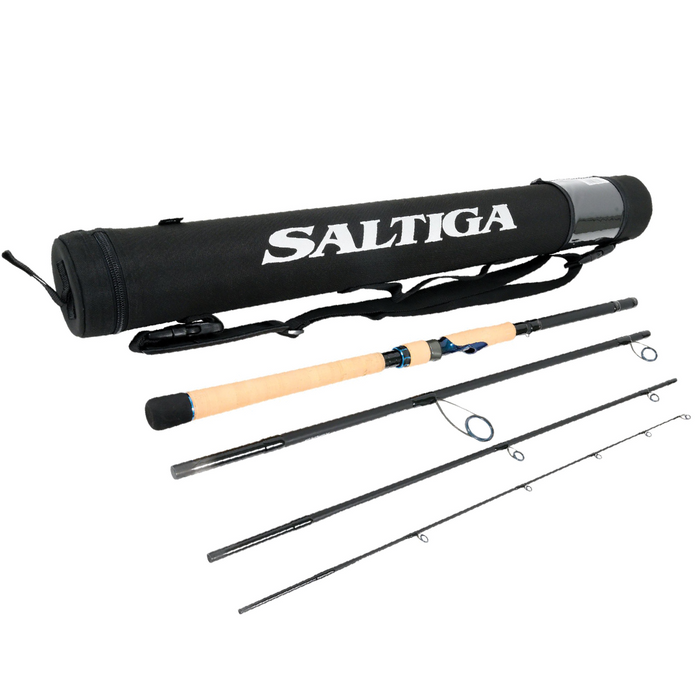 Daiwa Saltiga In Shore Travel Rod - Spinning shown disassembled into four sections with a cork handle and black guides, accompanied by a black protective carrying case labeled Saltiga for fishing tackle storage and transport.