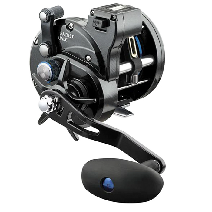 Daiwa Saltist Line Counters fishing reel in black with ergonomic handle, built-in line counter, and durable metal construction for precision fishing tackle use.